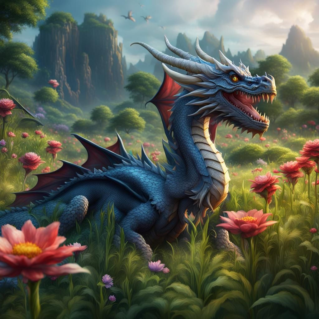 Fantasy Dragon in a Field, Detailed Matte Painting
