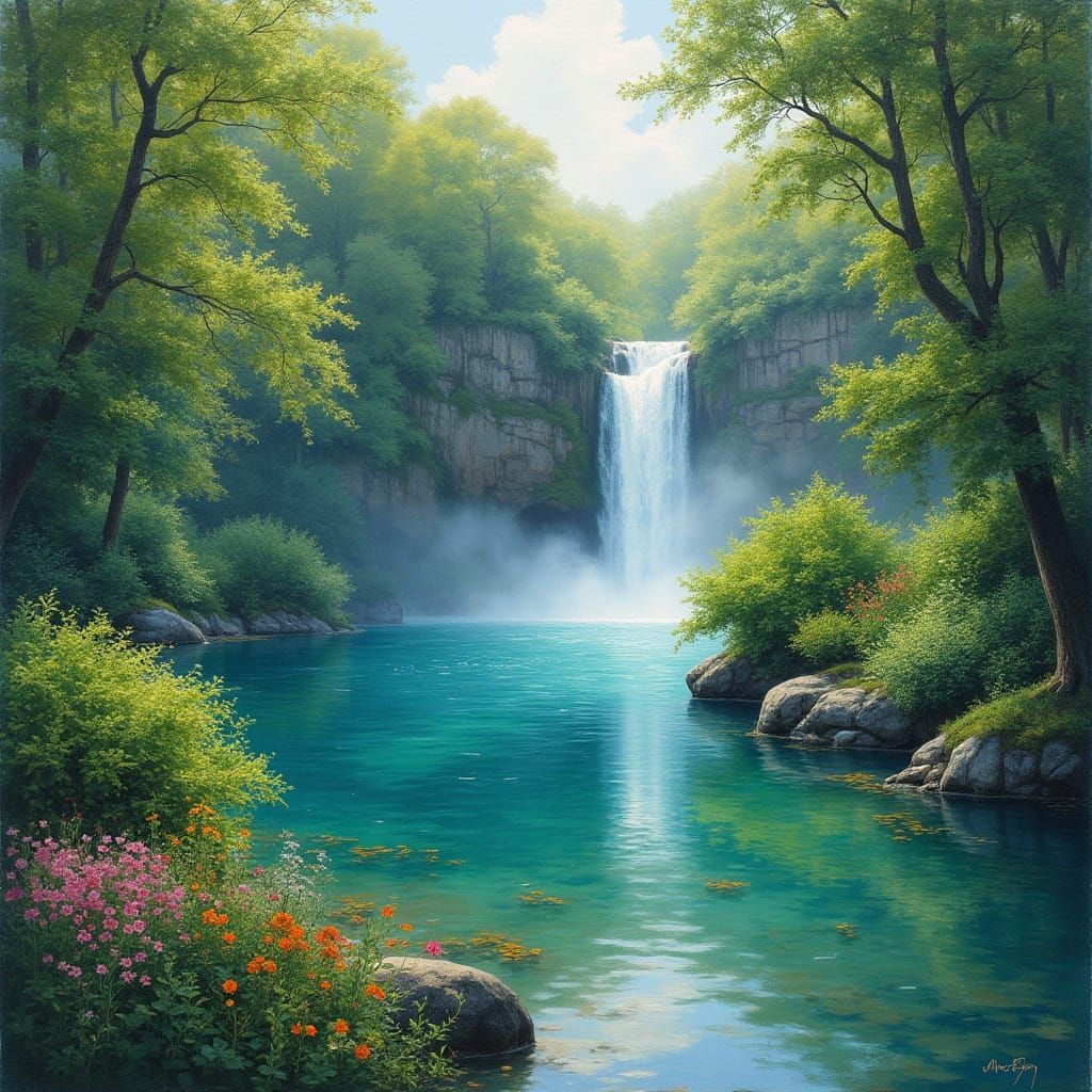 A waterfall pouring down trhugh the paint of a lake.