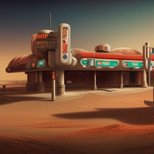 Retro Gas Station on Mars: Detailed Matte Painting