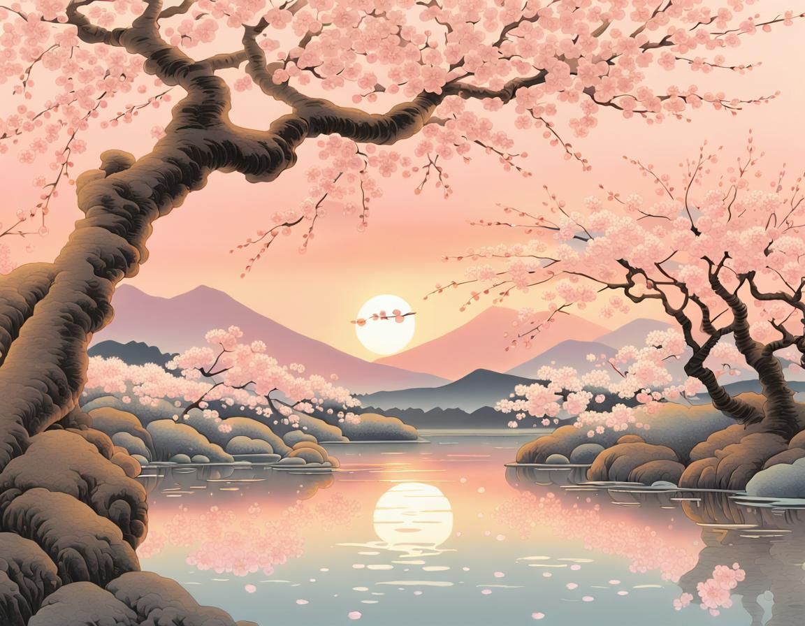 Serene Sakura Garden Sunset in Ukiyo-e Style