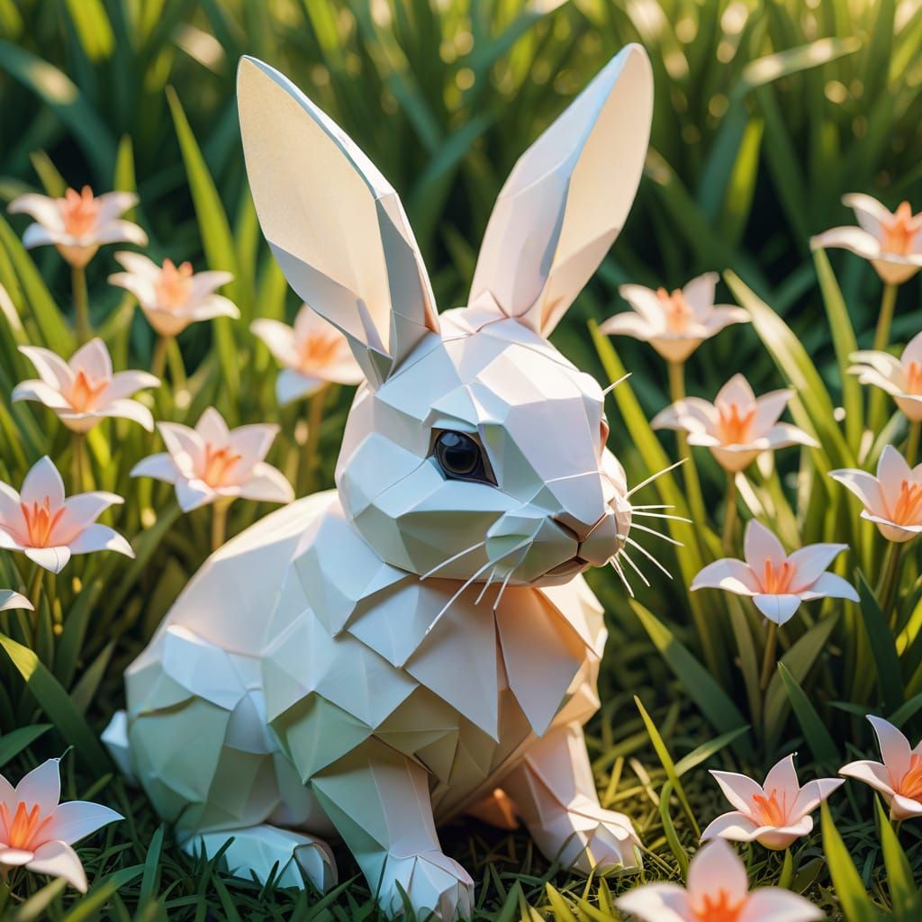 Hyper-Realistic Origami Rabbit in Origami Grass