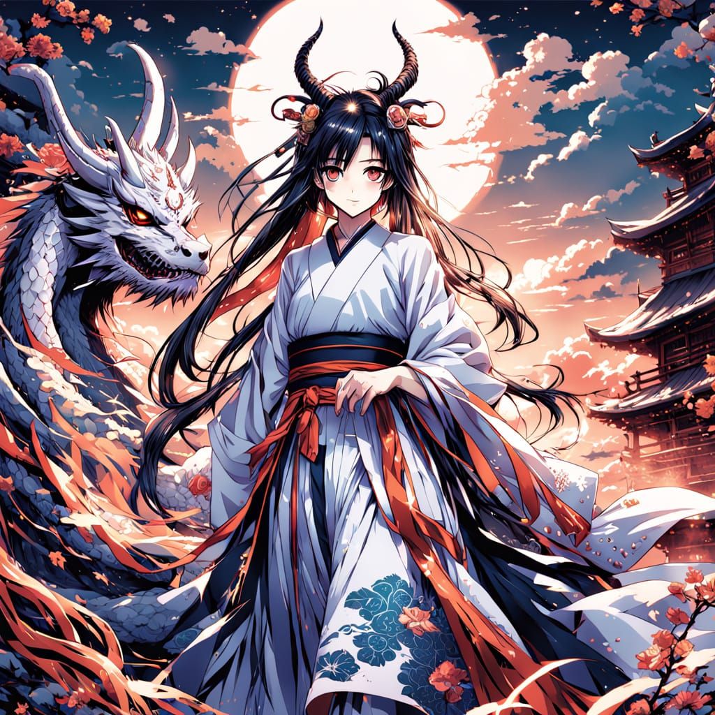 Miko Dragon Girl in Vibrant Sunset, Anime Art