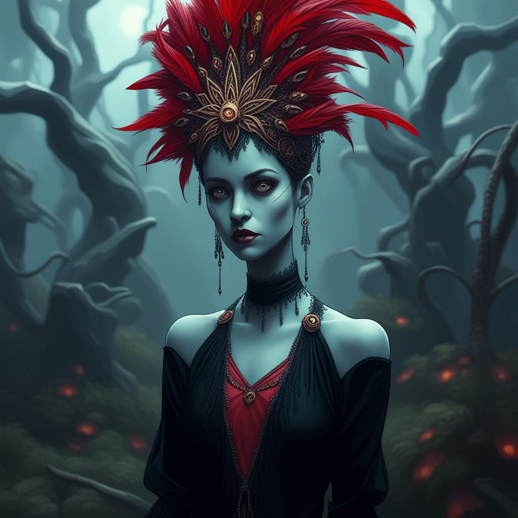 Hyperrealistic Zombie Monkey Showgirl in Dimly Lit Swamp