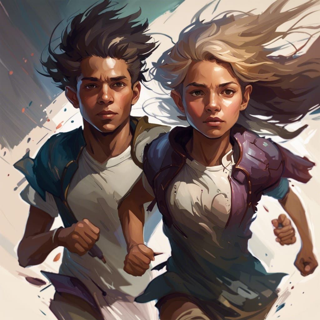 Brother and Sister Running: Detailed Concept Art Portrait