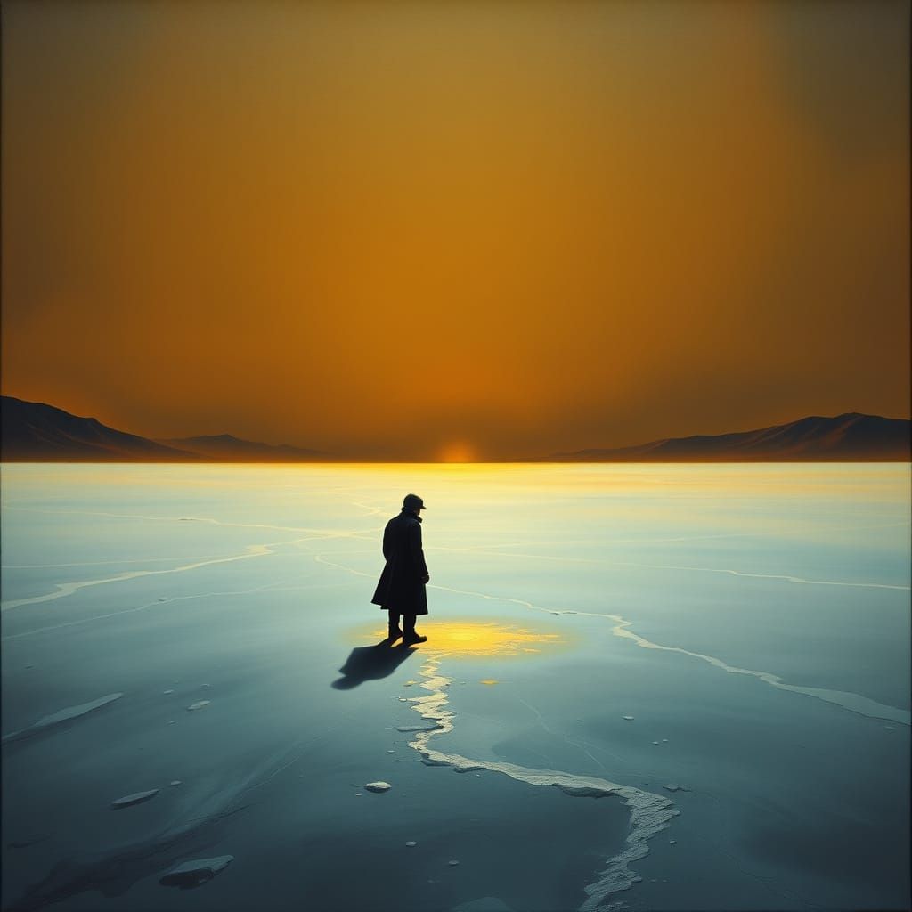 Surrealist Figure Stands on Pluto's Icy Surface