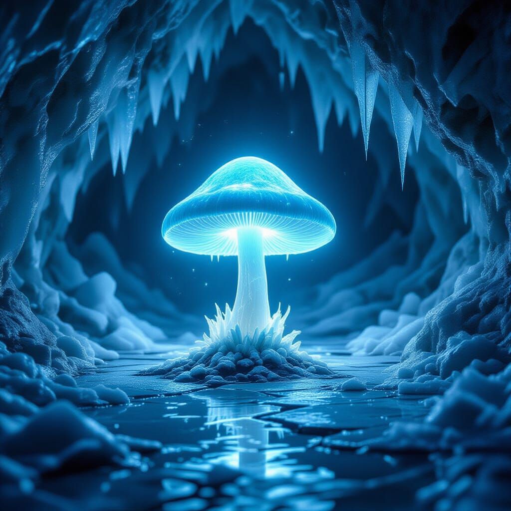 Ethereal Blue Mushroom in Icy Cavern