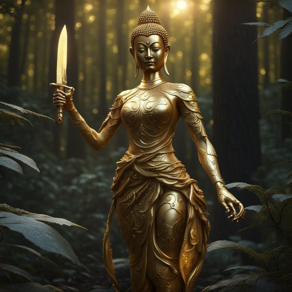 Gold Buddha Humanoid Statue in Forest, Dark Fantasy Art