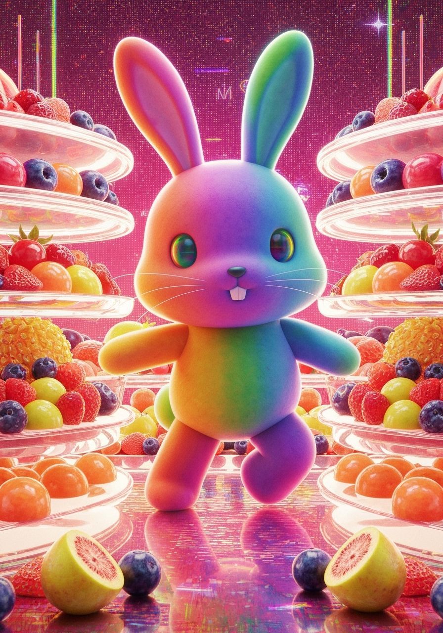 Rainbow Rabbit in Hyperpop Fruit Wonderland