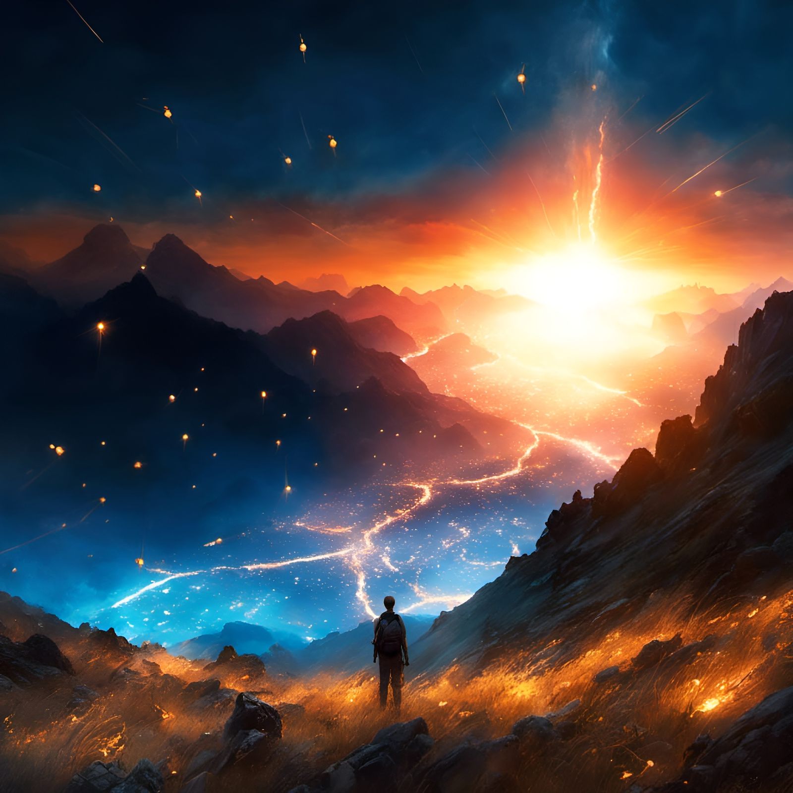 Dramatic Mountain Sunset with Fireflies