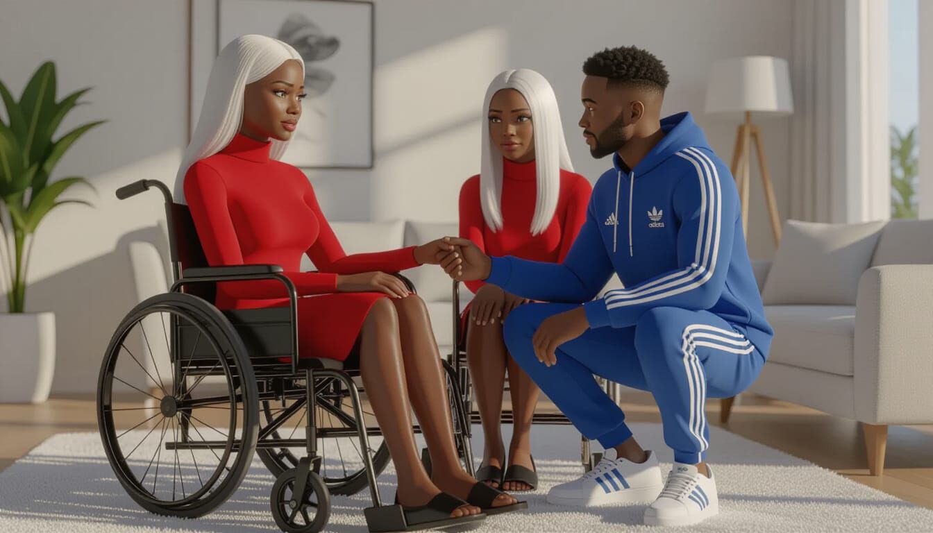 Emotional Scene: Woman in Wheelchair with Man in Luxury Apar...