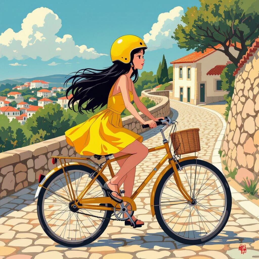 Girl on Bicycle in Portugal, Contemporary Art Style