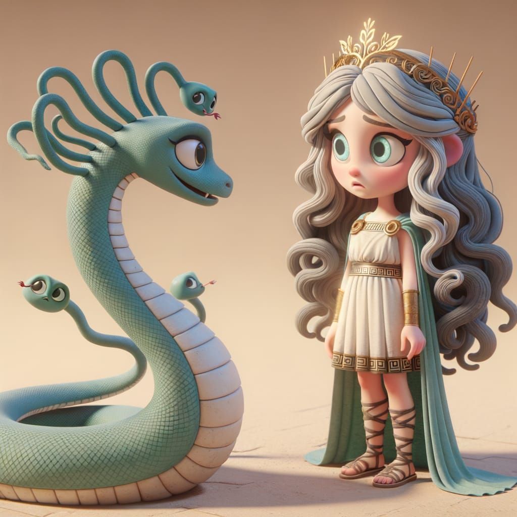 Young Athena Meets Medusa in Whimsical Animation Style