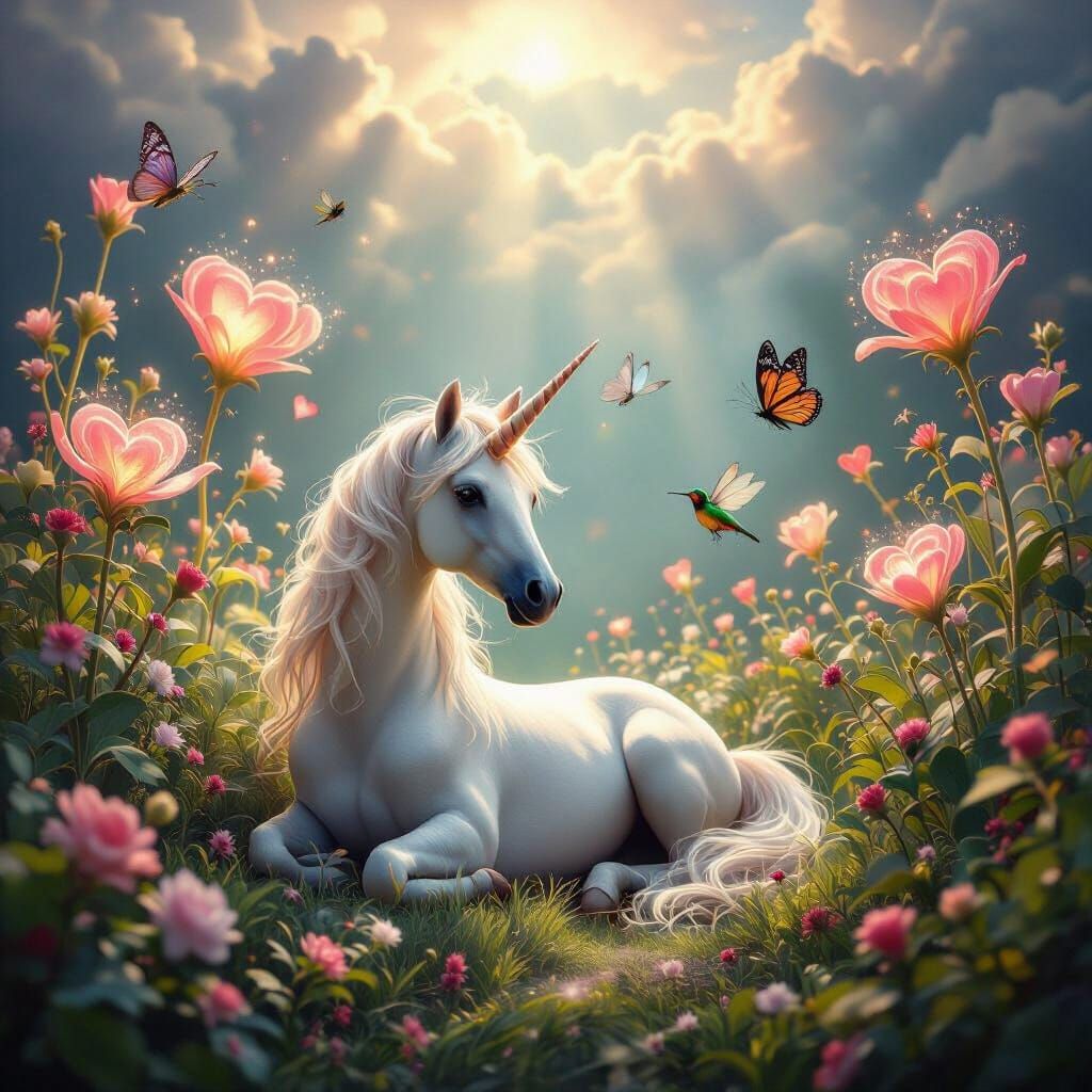 Whimsical Unicorn and Magical Garden in Surreal Style