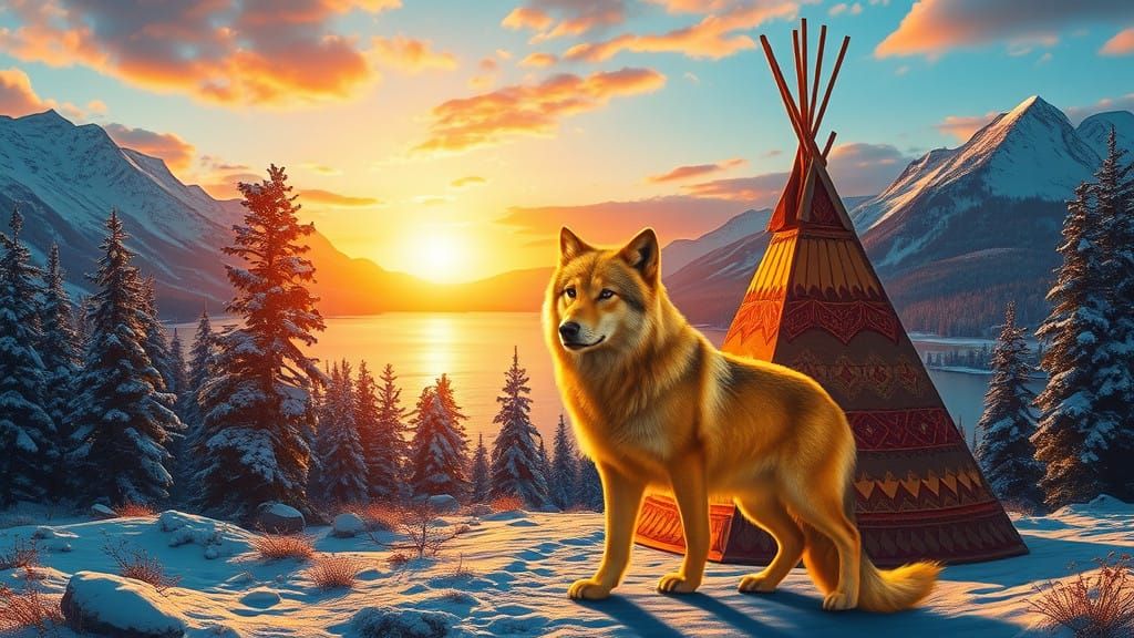 Golden Wolf Stands Proud Beside Native American Teepee in Wi...