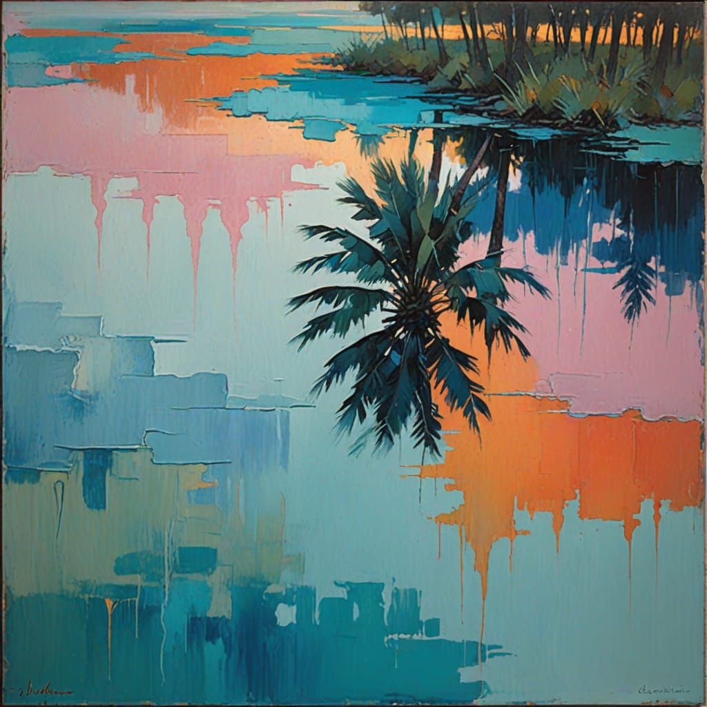 Surreal Blue Oasis with Palm Tree in Soft, Blended Brushstro...