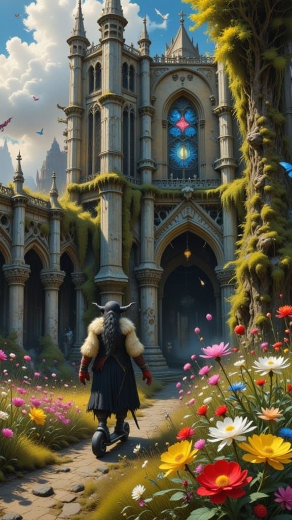 Ancient Goth on Neon Scooter at Surreal Gothic Cathedral