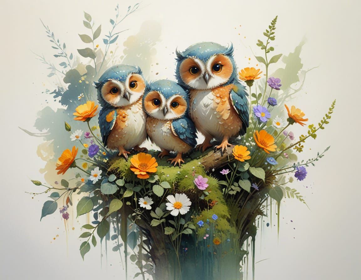 Adorable Owlets in Sunny Meadow: Impressionistic Watercolour