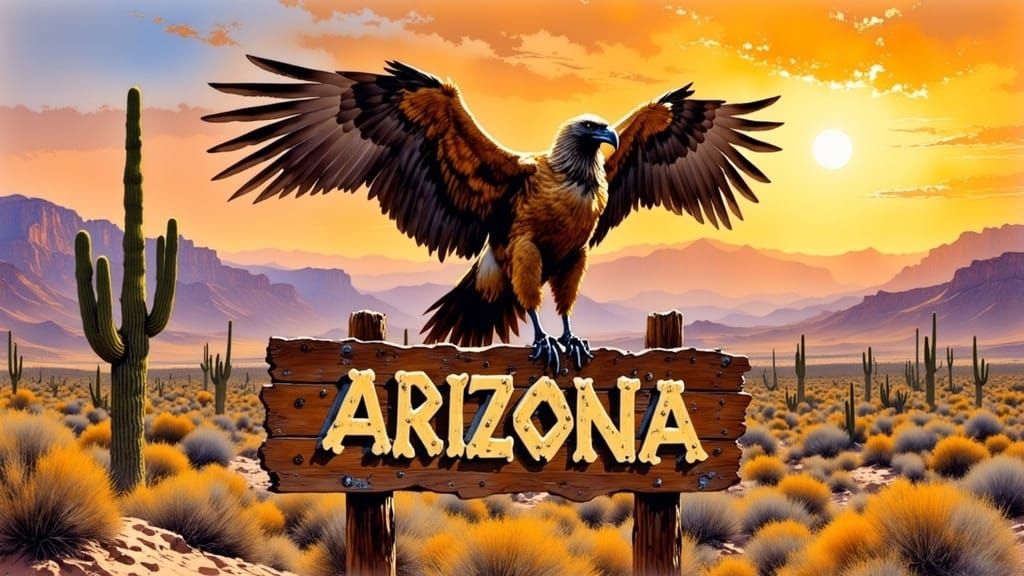 Vulture on Arizona Sign in Realistic Painting Style