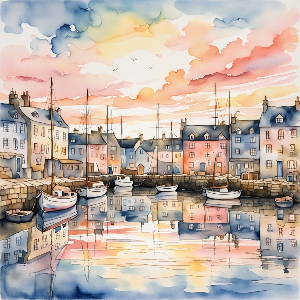 Sunset Harbour in Watercolour and Ink Style