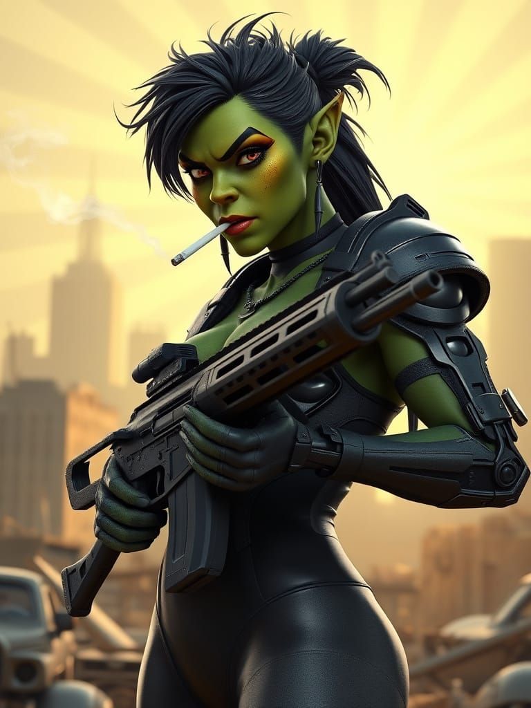 Surreal Cyberpunk Orc Warrior Emerges from Ruins