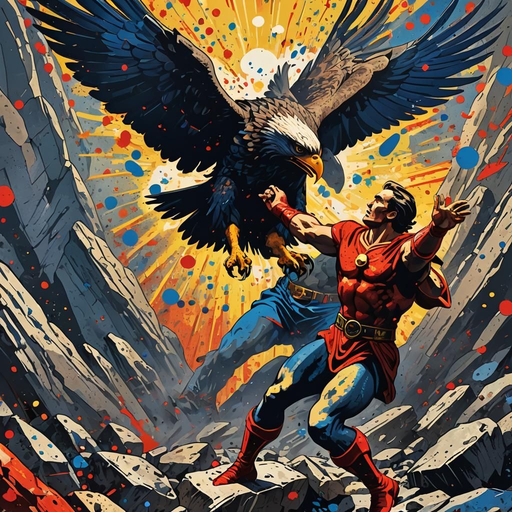 Prometheus in Pop Art Style Attacked by Eagle