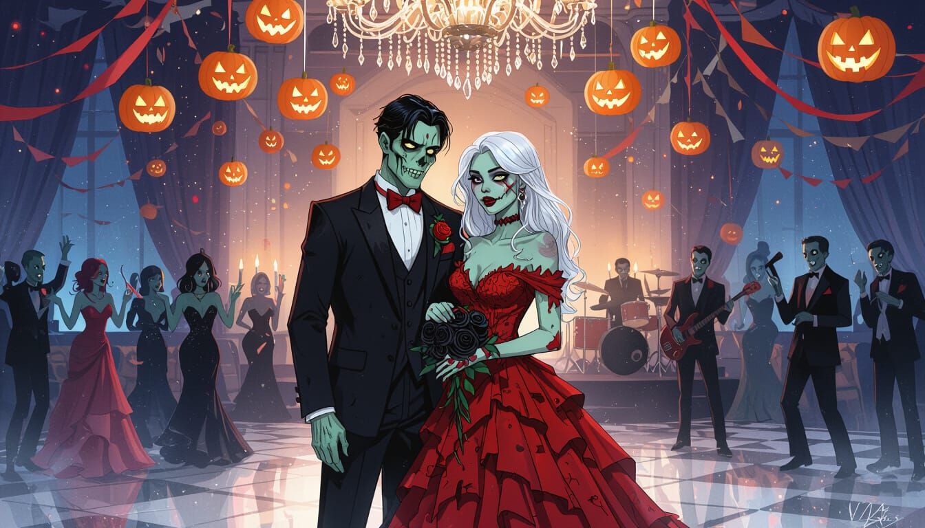 Zombie Prom Night Couple Pose in Candlelit Ballroom