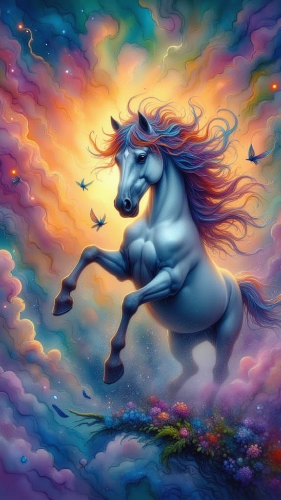 airbrush Painting of a horse with a feathered mane in a cloud filled sky beautiful horse digital horse fire and flames m...