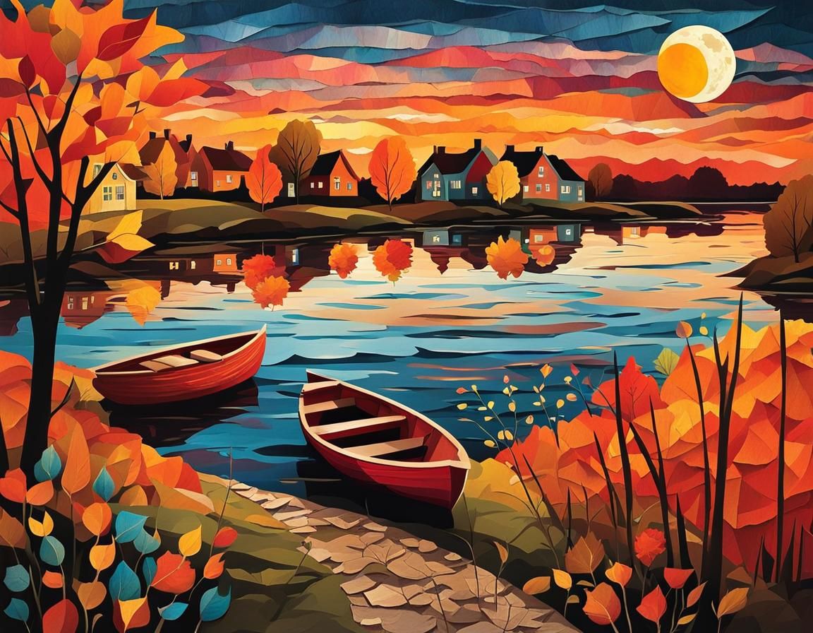 Vibrant Autumn Landscape with Paper Art Elements
