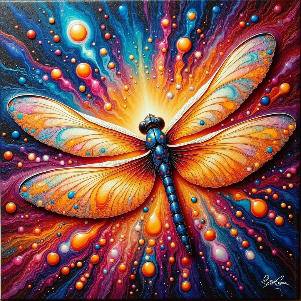Dragonfly Emerges from Burning Fluid Art Canvas