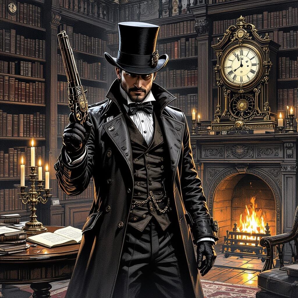 Steampunk Gentleman in Victorian Library as Charcoal Drawing