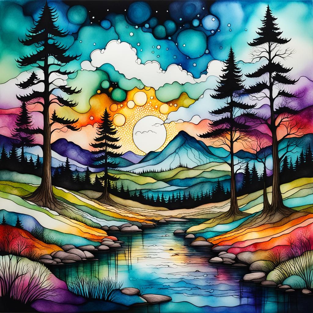 Whimsical Landscape Illustration with Alcohol Ink