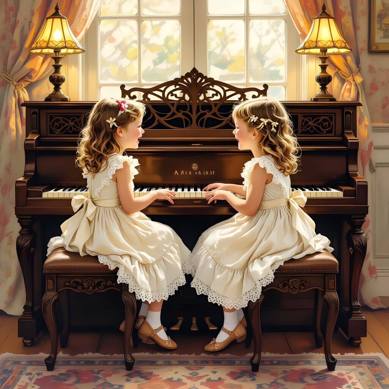 Giggling Girls on Piano Bench in Fantastical Style