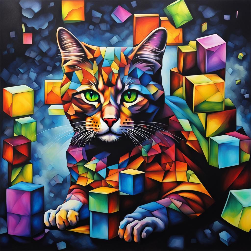 Surreal Cat on Rubik's Cubes in Alcohol Ink Style
