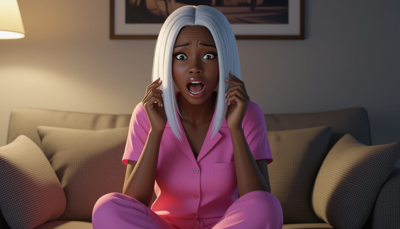 Terrified Woman in Pink Pajamas, White Hair