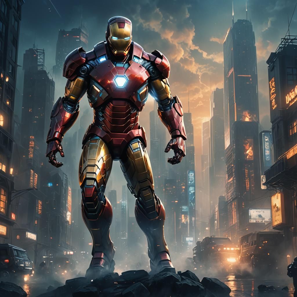 Iron Man in Moonlit Cityscape: Digital Concept Art