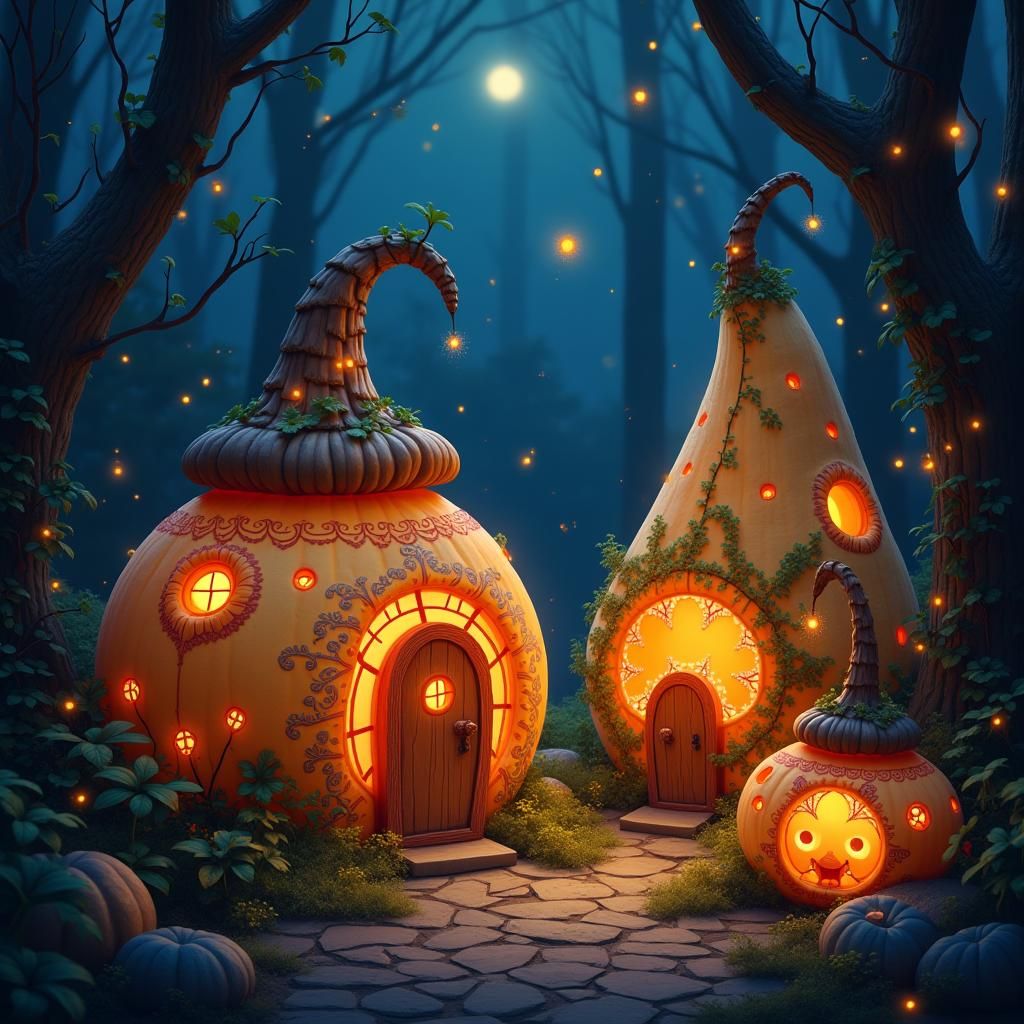 Mystical Glowing Gourds in Ethereal Forest, Digital Art