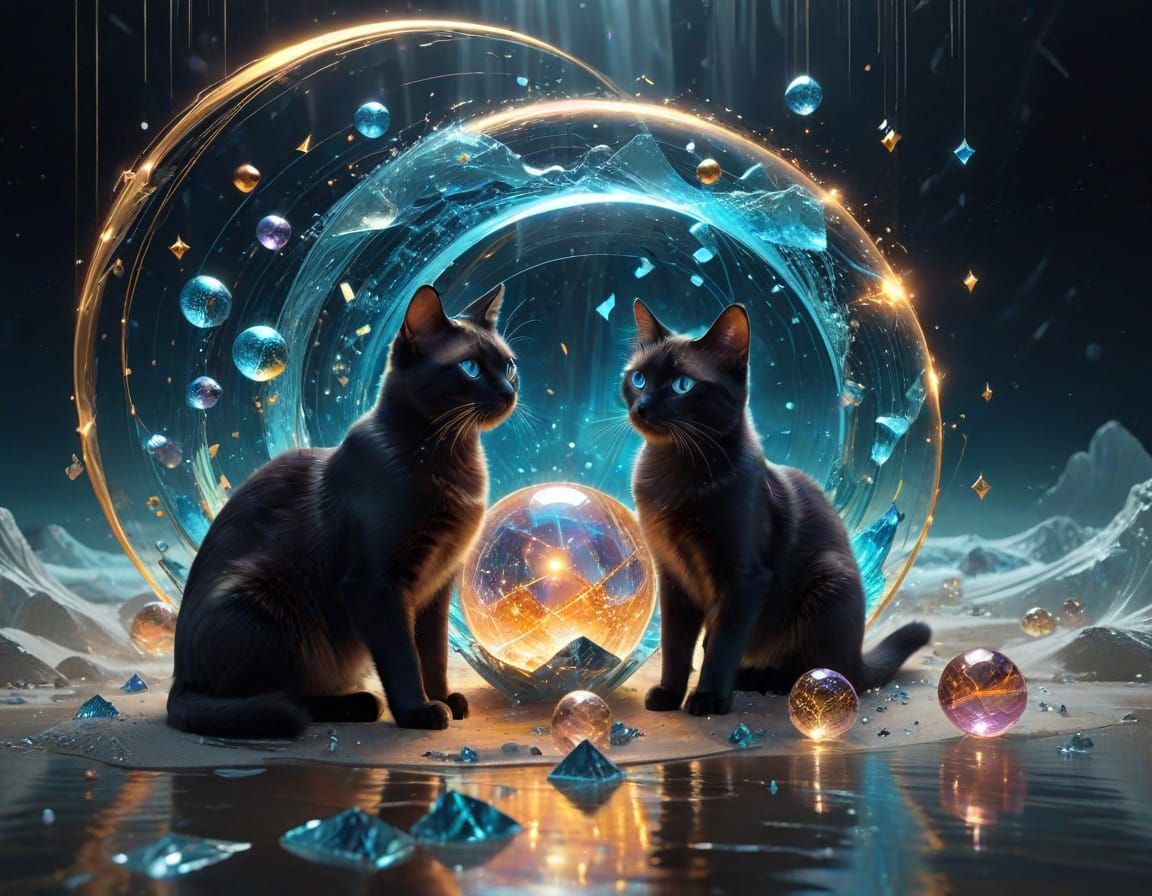 Surreal Quantum Portal Scene with Traveling Siamese Cats and...