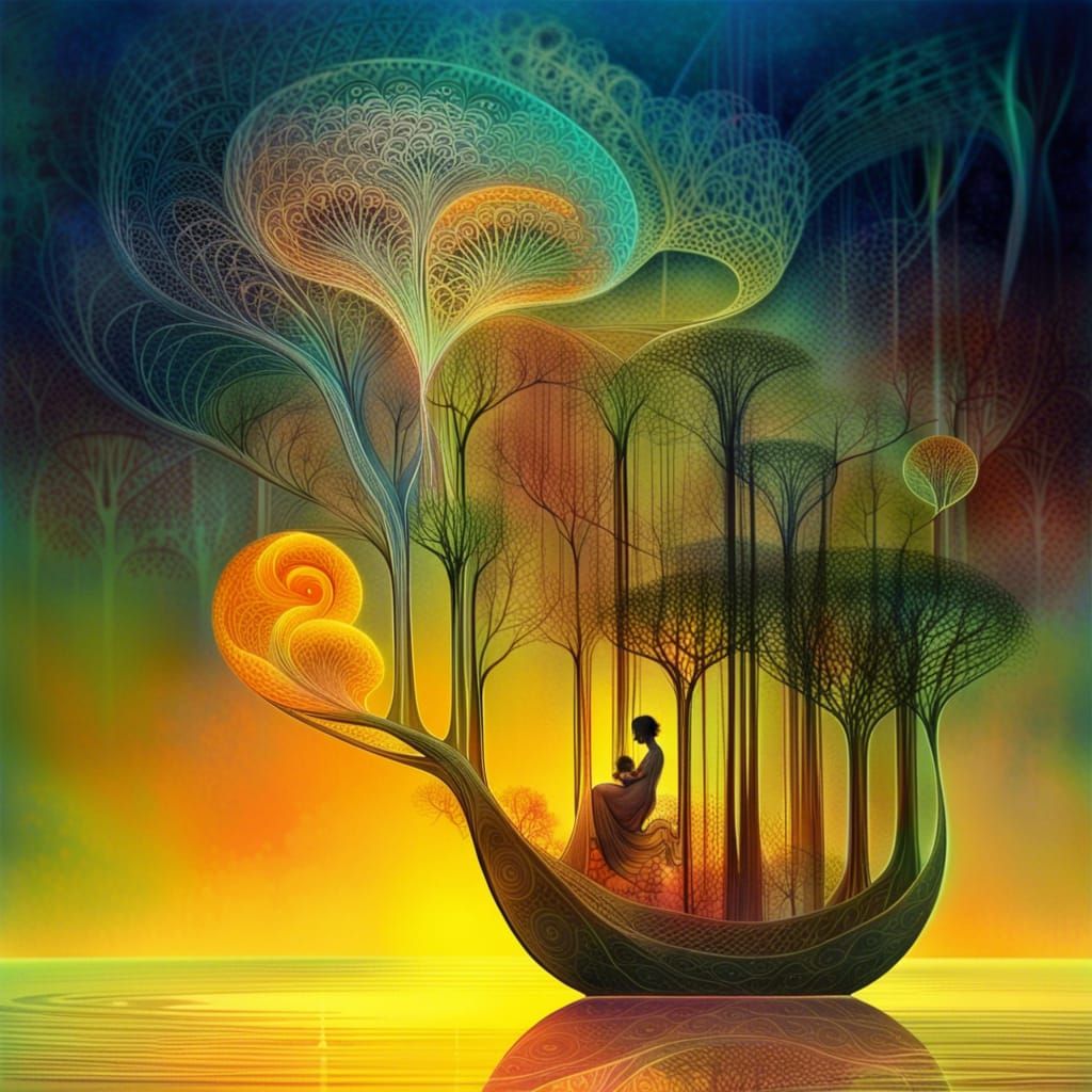 Crystal Fractal Forest: Mother and Child in Mystical Art