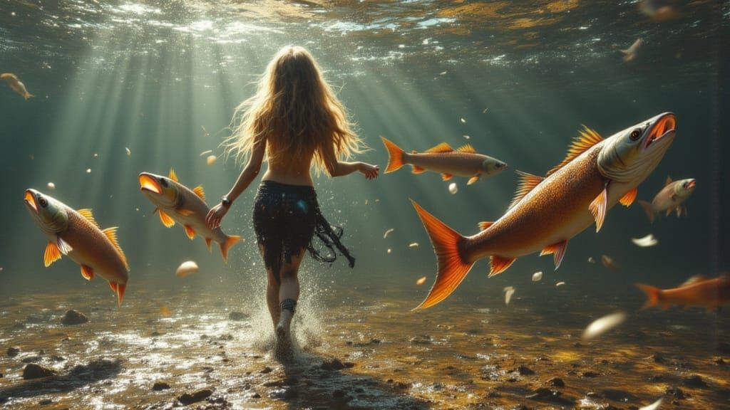 Surreal Cyberpunk Goddess Strolls through Luminous Liquid La...