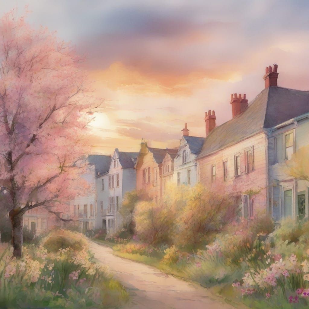 Spring Garden at Golden Hour in Watercolor Style