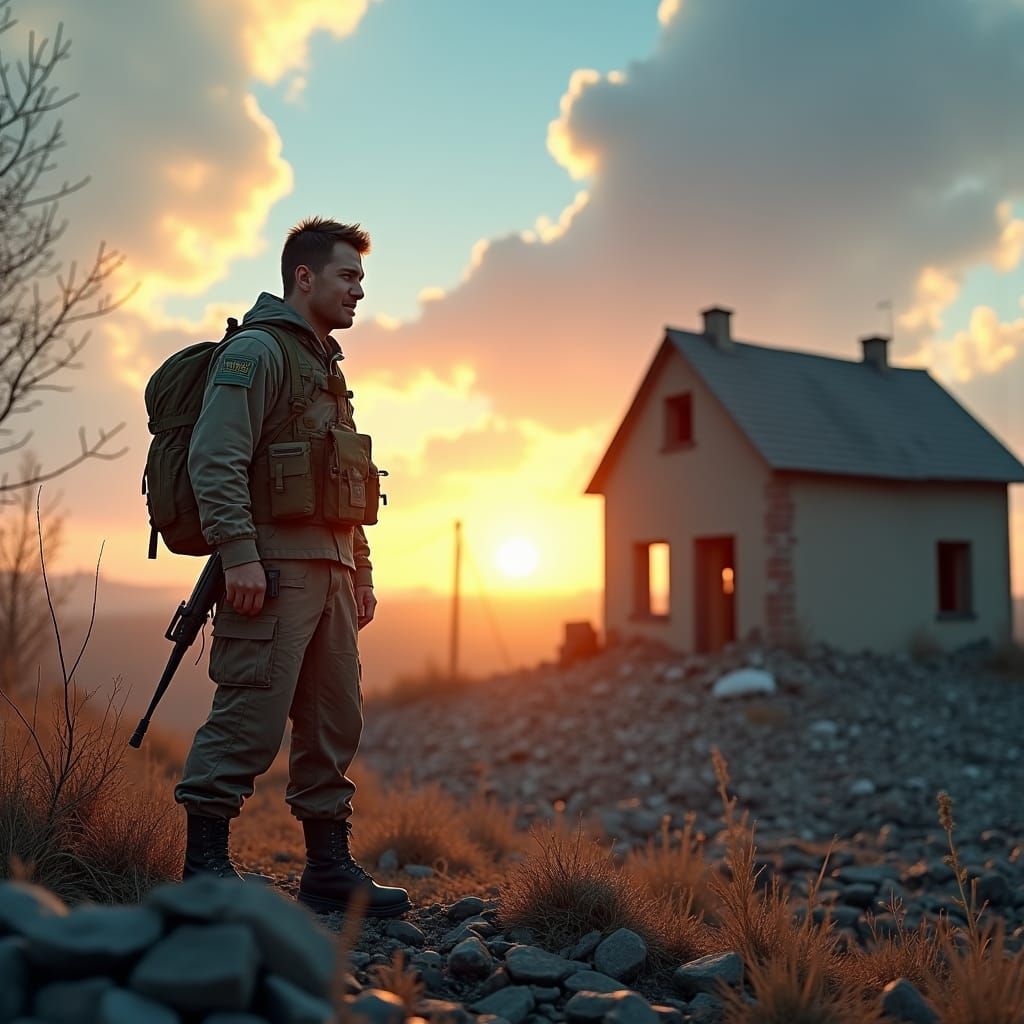 Weary Soldier's Triumphant Gaze on War-Torn Battlefield