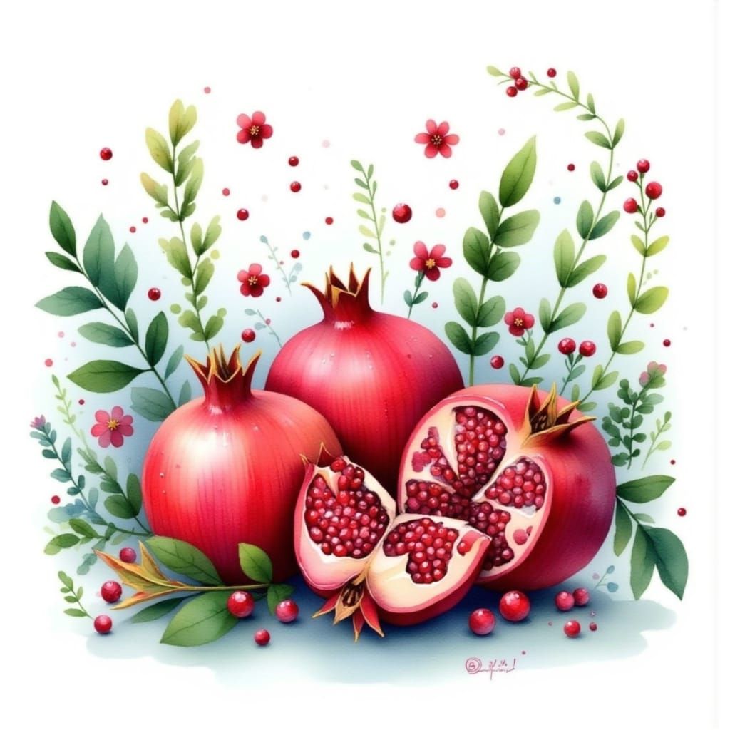 Surreal Pomegranate Blooms in Vibrant Watercolor Style