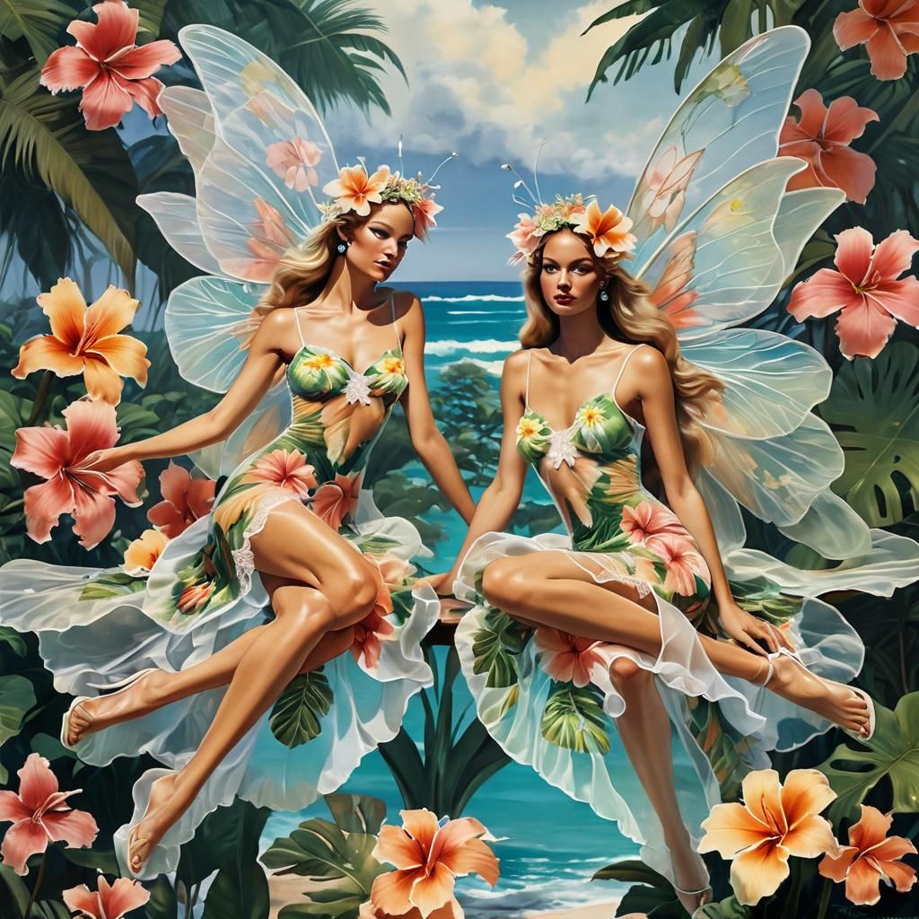 Twin Fairies in Tropical Flower, Vivid Photography