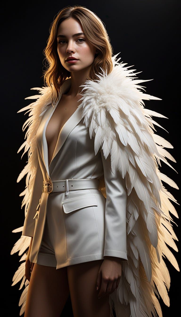 Elegant Woman in White Bird Feathers Oil Painting