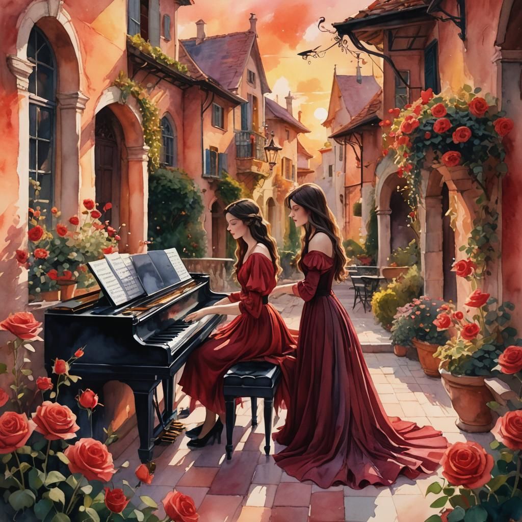Watercolor Witch Plays Piano in Rose Courtyard