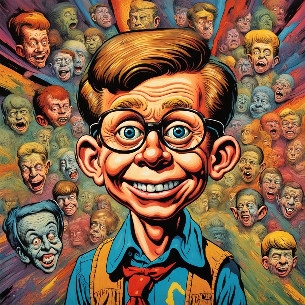 Psychedelic Alfred E. Neuman, with a very round head and large eyes, tooth missing in front, mad magazine, 1960 art like...