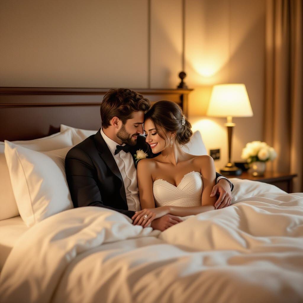 Newlyweds Share Intimate Moment in Luxurious Hotel Room