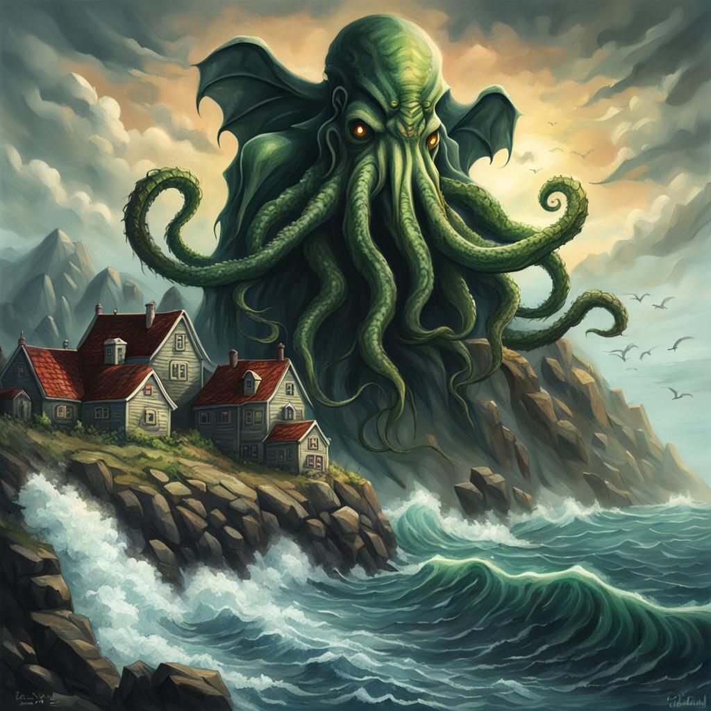 Realistic Cthulhu Towers Over Seaside Village