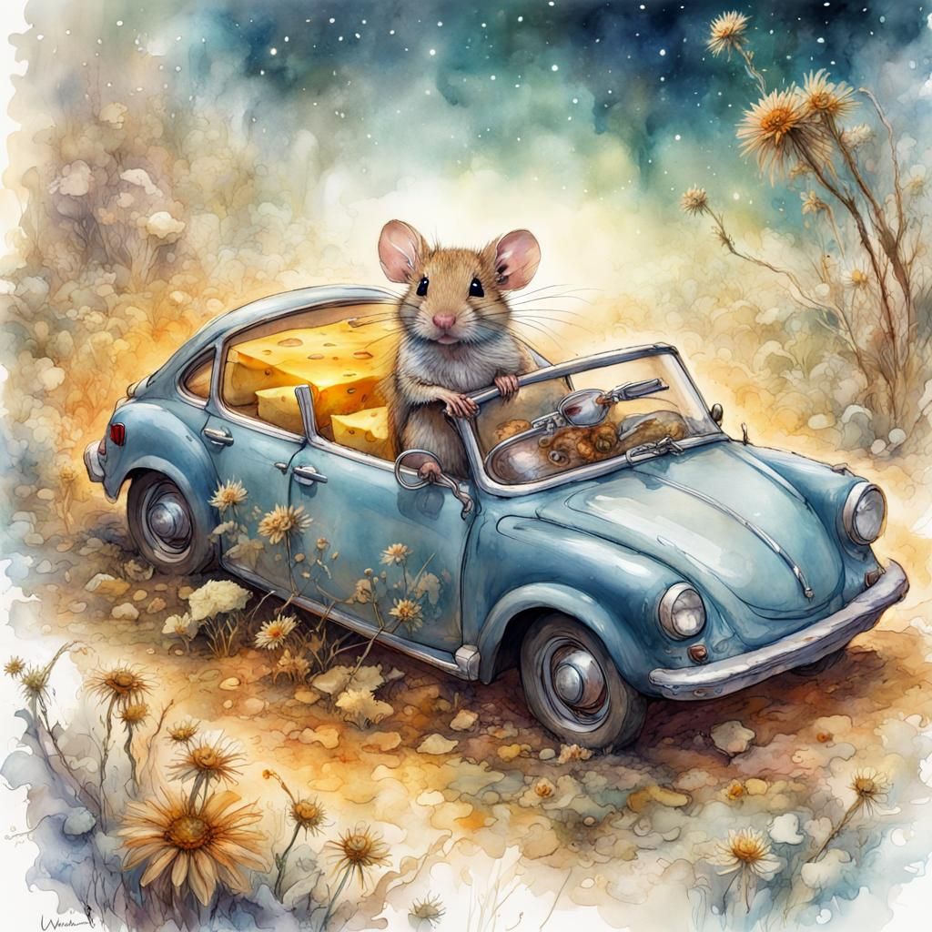 fairytale Illustration of a cute geeky field mouse having dr...