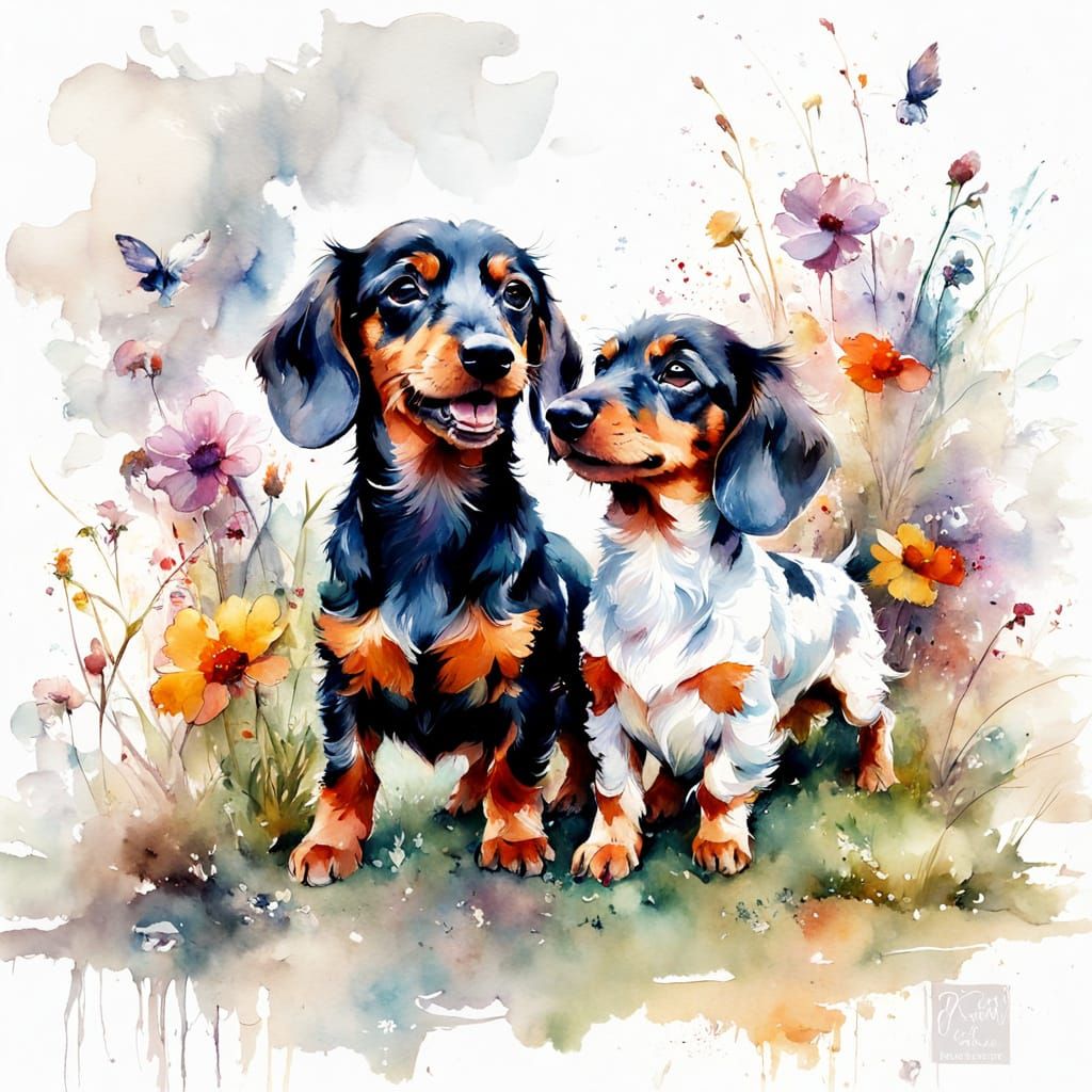 Adorable Dachshund Pups Playing in a Garden